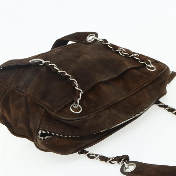CHANEL Chain Shoulder Bag Suede Brown Silver CC Auth BA12605