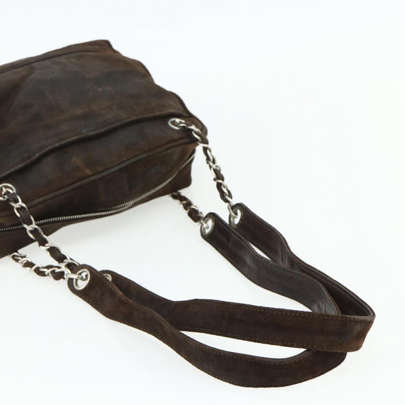 CHANEL Chain Shoulder Bag Suede Brown Silver CC Auth BA12605