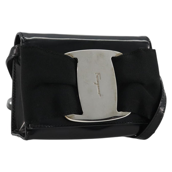 Salvatore Ferragamo Vara Ribbon Bag Patent Leather Black Silver Auth BA12606