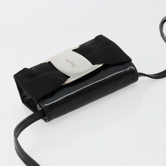 Salvatore Ferragamo Vara Ribbon Bag Patent Leather Black Silver Auth BA12606