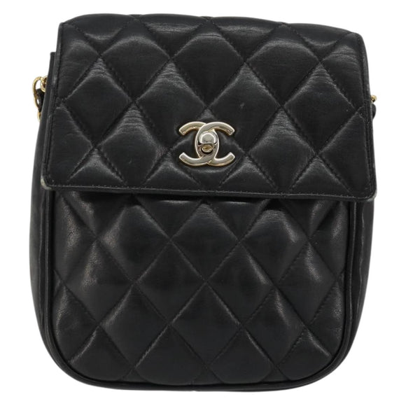 CHANEL Matelasse Chain Shoulder Bag Lamb Skin Black Gold CC Auth BA12607