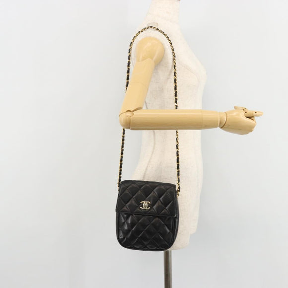 CHANEL Matelasse Chain Shoulder Bag Lamb Skin Black Gold CC Auth BA12607