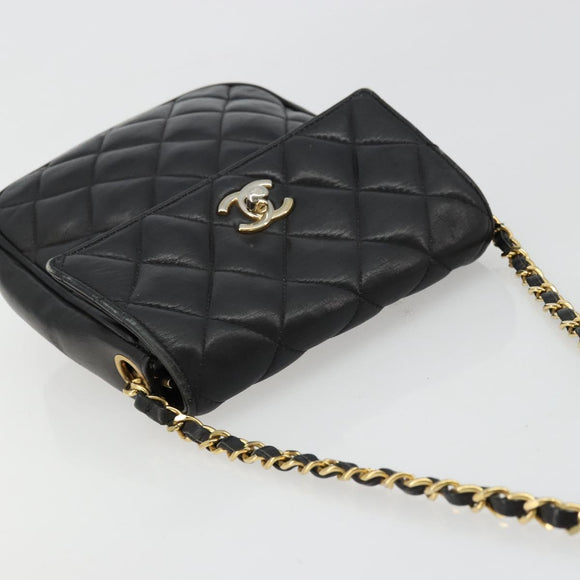 CHANEL Matelasse Chain Shoulder Bag Lamb Skin Black Gold CC Auth BA12607