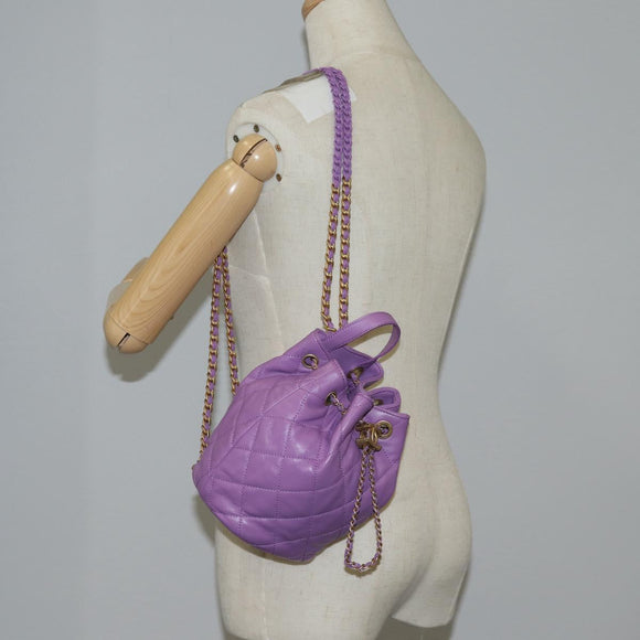 CHANEL Chain Matelasse Backpack Lamb Skin Purple CC Auth BA1260SM