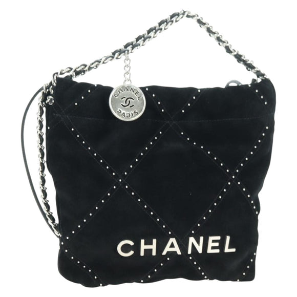 CHANEL 22 Drawstring Chain Shoulder Bag Suede Black Silver CC Auth BA12610SM