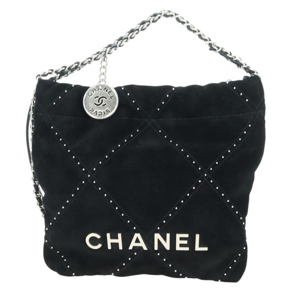 CHANEL 22 Drawstring Chain Shoulder Bag Suede Black Silver CC Auth BA12610SM