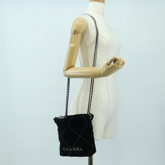 CHANEL 22 Drawstring Chain Shoulder Bag Suede Black Silver CC Auth BA12610SM