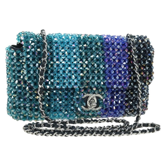 CHANEL Chain Shoulder Bag Beads Blue Silver CC Auth BA12611SM