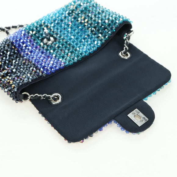 CHANEL Chain Shoulder Bag Beads Blue Silver CC Auth BA12611SM