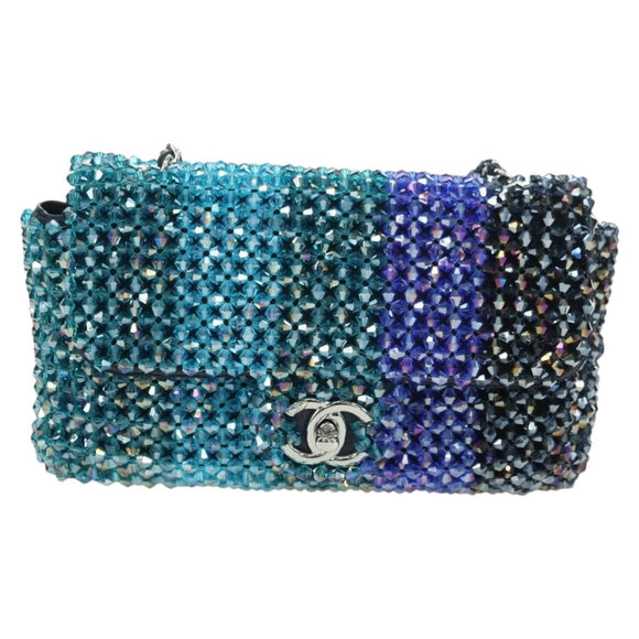 CHANEL Chain Shoulder Bag Beads Blue Silver CC Auth BA12611SM