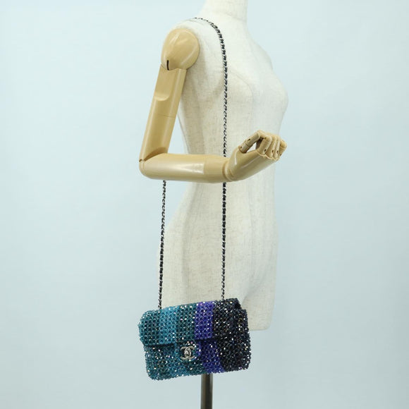 CHANEL Chain Shoulder Bag Beads Blue Silver CC Auth BA12611SM