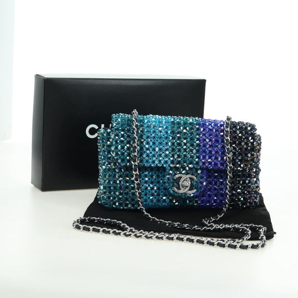 CHANEL Chain Shoulder Bag Beads Blue Silver CC Auth BA12611SM