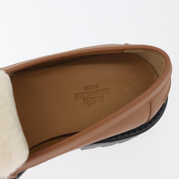 HERMES Kelly Belt Moccasin Loafers Shoes Leather Brown Silver Auth BA12632V