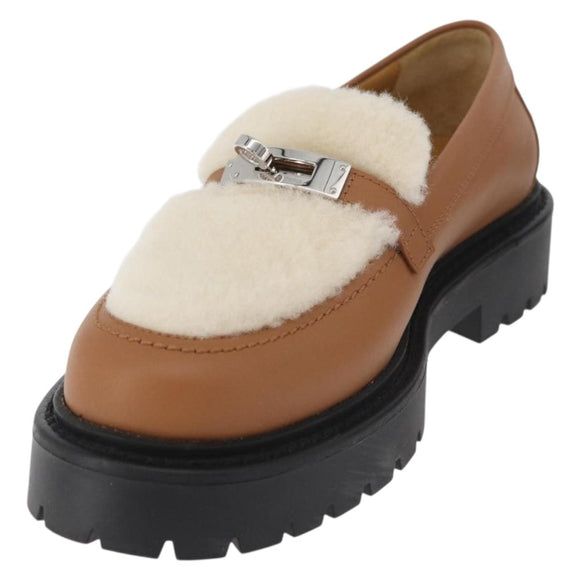 HERMES Kelly Belt Moccasin Loafers Shoes Leather Brown Silver Auth BA12632V