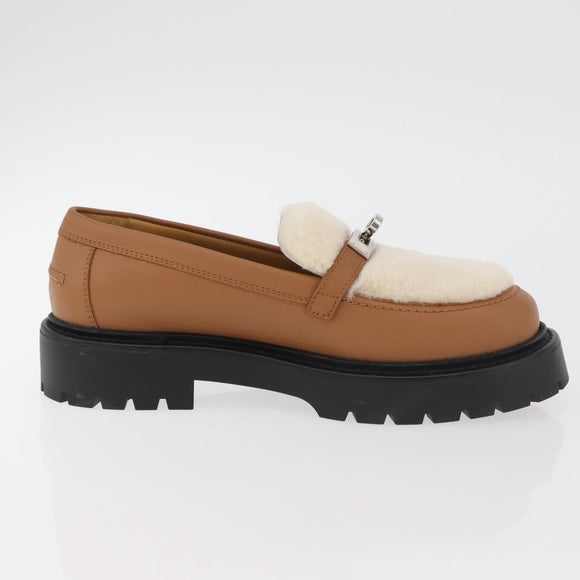 HERMES Kelly Belt Moccasin Loafers Shoes Leather Brown Silver Auth BA12632V
