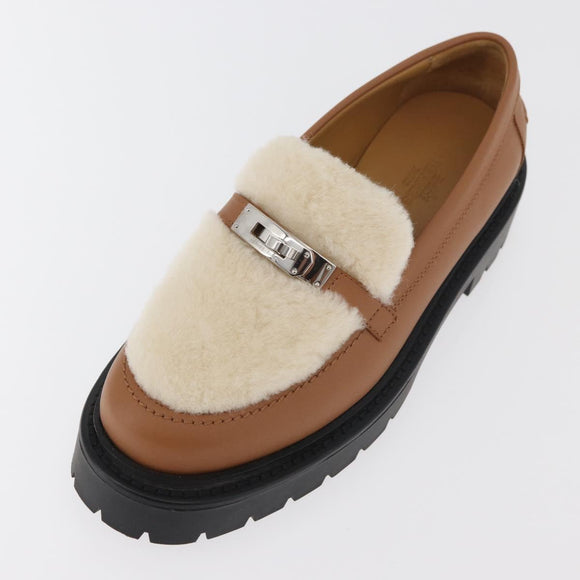 HERMES Kelly Belt Moccasin Loafers Shoes Leather Brown Silver Auth BA12632V