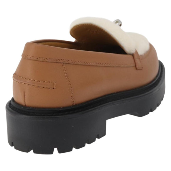 HERMES Kelly Belt Moccasin Loafers Shoes Leather Brown Silver Auth BA12632V