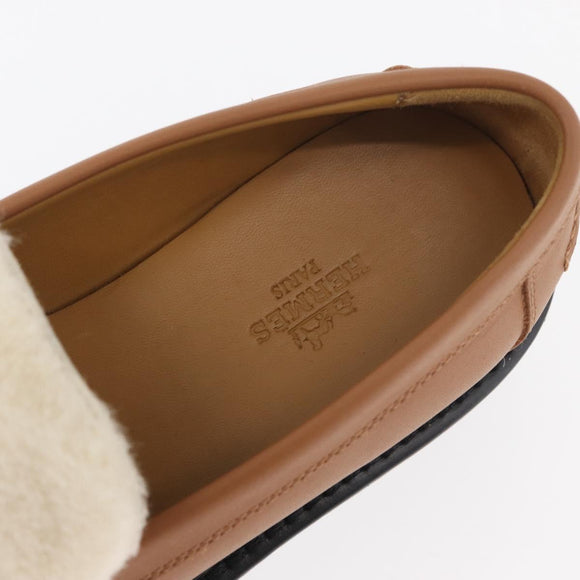 HERMES Kelly Belt Moccasin Loafers Shoes Leather Brown Silver Auth BA12632V