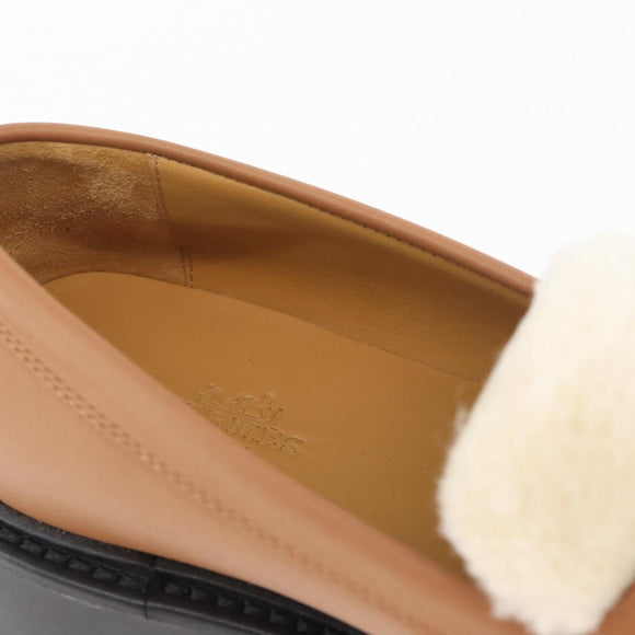 HERMES Kelly Belt Moccasin Loafers Shoes Leather Brown Silver Auth BA12632V