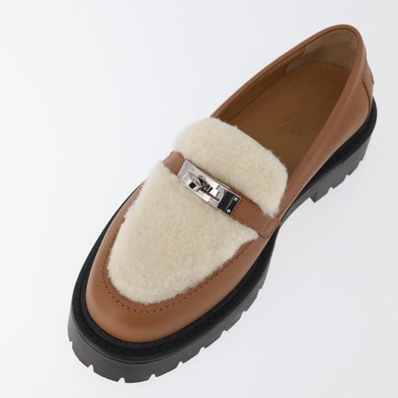 HERMES Kelly Belt Moccasin Loafers Shoes Leather Brown Silver Auth BA12632V