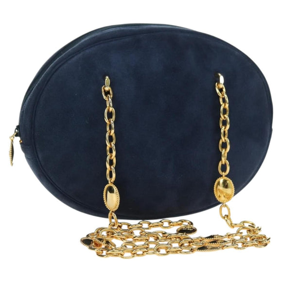 Christian Dior Chain Shoulder Bag Suede Navy Gold Auth BA12652V
