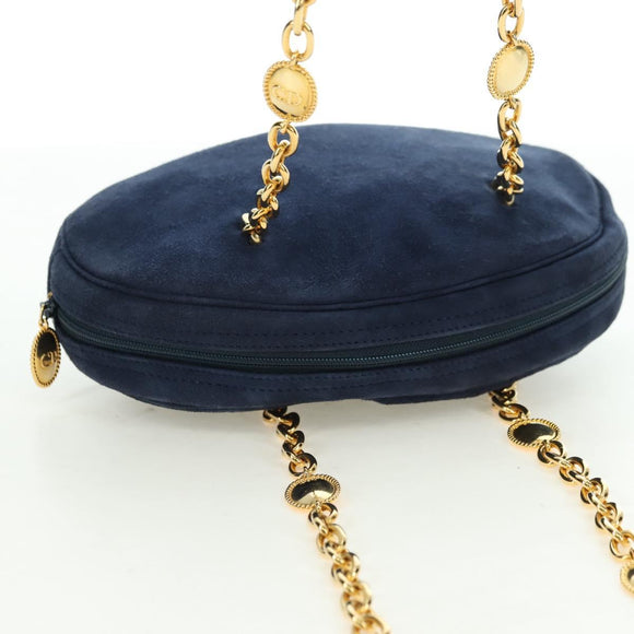 Christian Dior Chain Shoulder Bag Suede Navy Gold Auth BA12652V