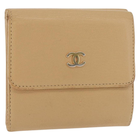 CHANEL Trifold Wallet Leather Beige Gold CC Auth BA12653