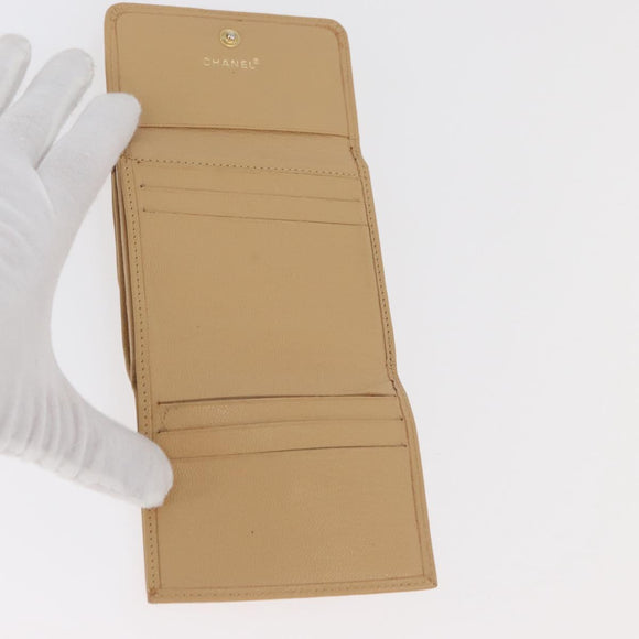 CHANEL Trifold Wallet Leather Beige Gold CC Auth BA12653