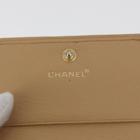 CHANEL Trifold Wallet Leather Beige Gold CC Auth BA12653