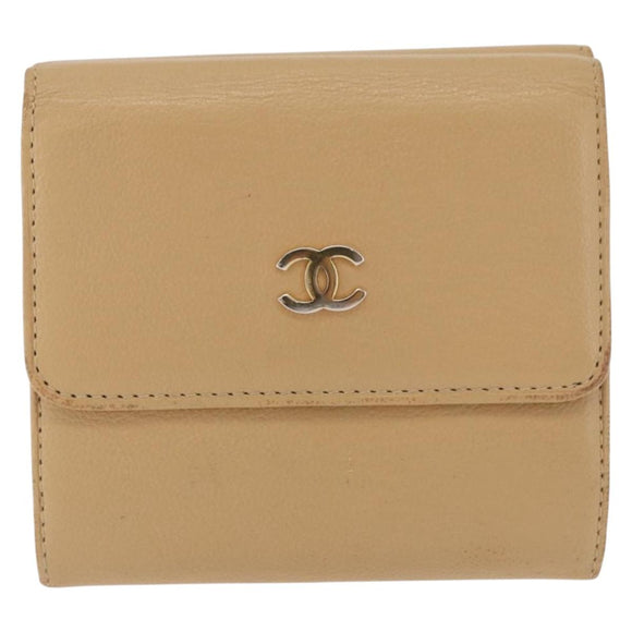 CHANEL Trifold Wallet Leather Beige Gold CC Auth BA12653