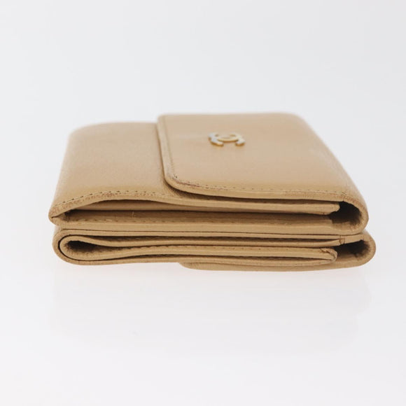CHANEL Trifold Wallet Leather Beige Gold CC Auth BA12653