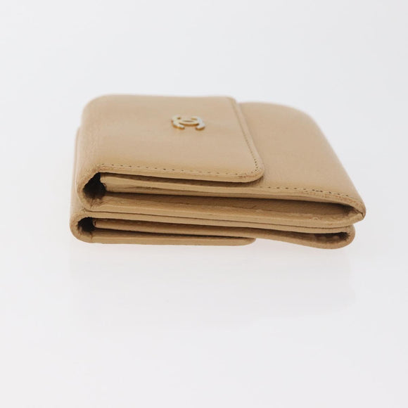 CHANEL Trifold Wallet Leather Beige Gold CC Auth BA12653