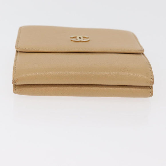 CHANEL Trifold Wallet Leather Beige Gold CC Auth BA12653
