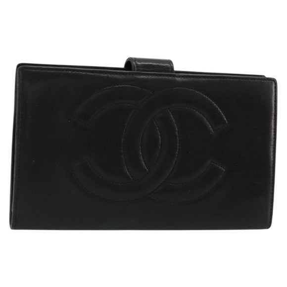 CHANEL Long Wallet Lamb Skin Black CC Auth BA12654A