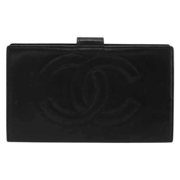 CHANEL Long Wallet Lamb Skin Black CC Auth BA12654A