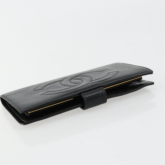 CHANEL Long Wallet Lamb Skin Black CC Auth BA12654A