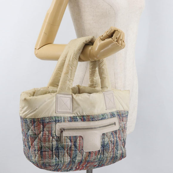 CHANEL Cococoon Handtas Nylon Beige Zilverkleurig CC Auth BA12656