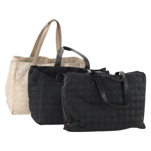CHANEL New Travel line Tote Bag Nylon 3er Set Schwarz Beige CC Auth BA12660