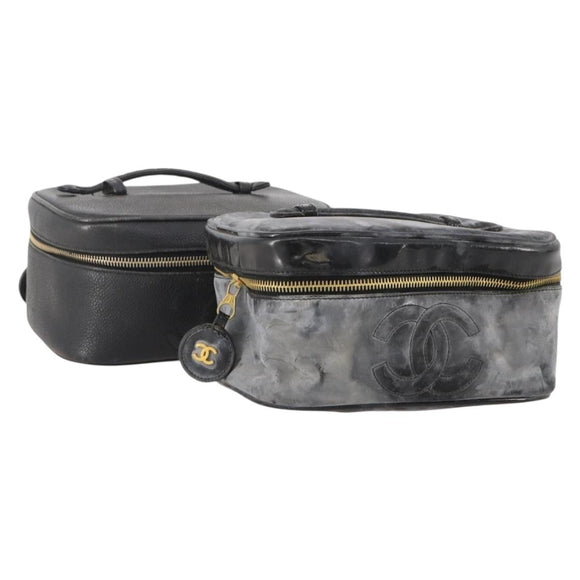 CHANEL Vanity Pouch Leer 2 Set Zwart CC Auth BA12664