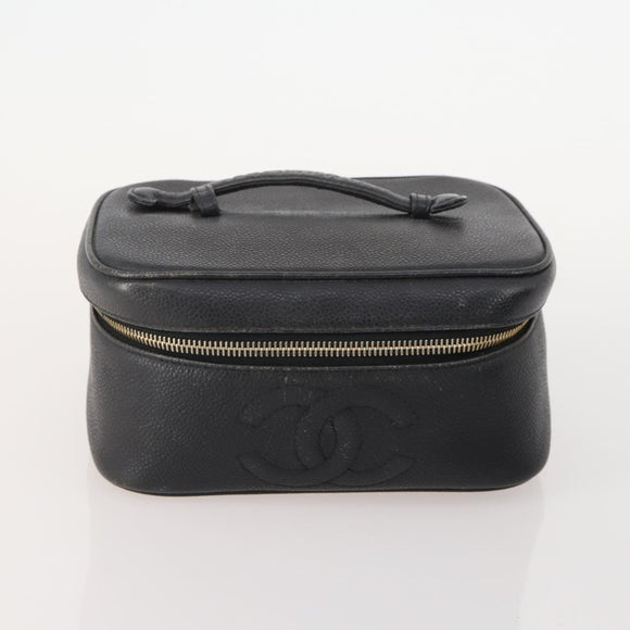 CHANEL Vanity Pouch Leer 2 Set Zwart CC Auth BA12664