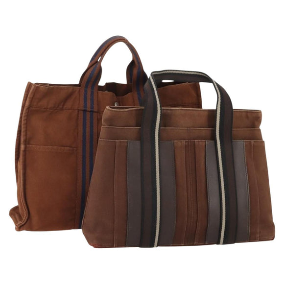HERMES Tote Bag Canvas 2 Set Brown Auth BA12668