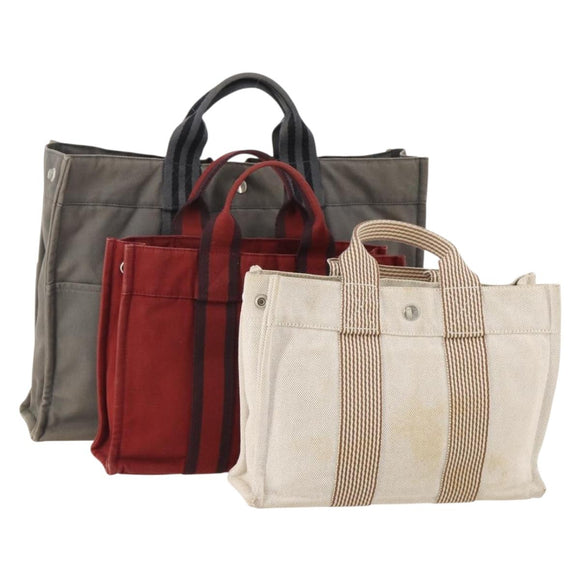 HERMES Fourre Tout Hand Bag Cotton 3 Set White Gray Red Auth BA12676
