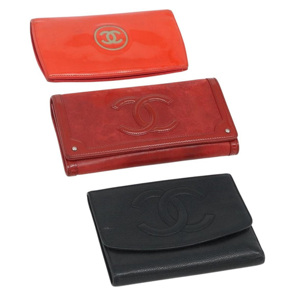 CHANEL Geldbörse Leder 3er Set Orange Rot schwarz CC Auth BA12678