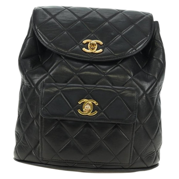 CHANEL Matelasse Chain Backpack Lamb Skin Gold Black CC Auth BA12682SAV