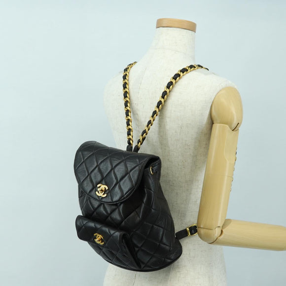 CHANEL Matelasse Chain Backpack Lamb Skin Gold Black CC Auth BA12682SAV