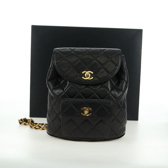 CHANEL Matelasse Chain Backpack Lamb Skin Gold Black CC Auth BA12682SAV