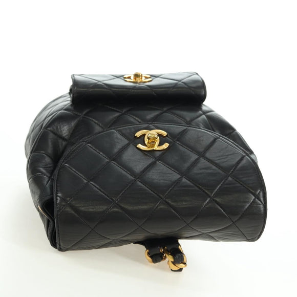 CHANEL Matelasse Chain Backpack Lamb Skin Gold Black CC Auth BA12682SAV