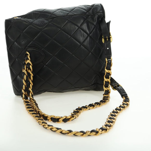 CHANEL Matelasse Chain Backpack Lamb Skin Gold Black CC Auth BA12682SAV