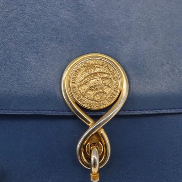 CELINE Medallion Hand Bag Leather Blue Gold Auth BA12709A