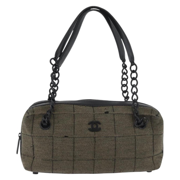 CHANEL Choco Bar Chain Tote Bag Knitted Fabrics Gray CC Auth BA12712
